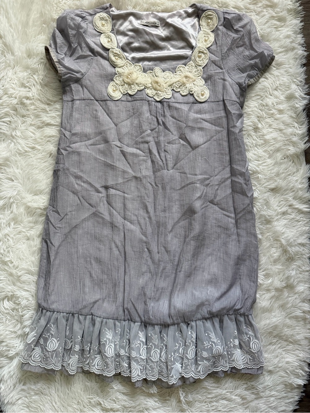 Gray Lace-Trim Dress with Cream Rosette Neckline